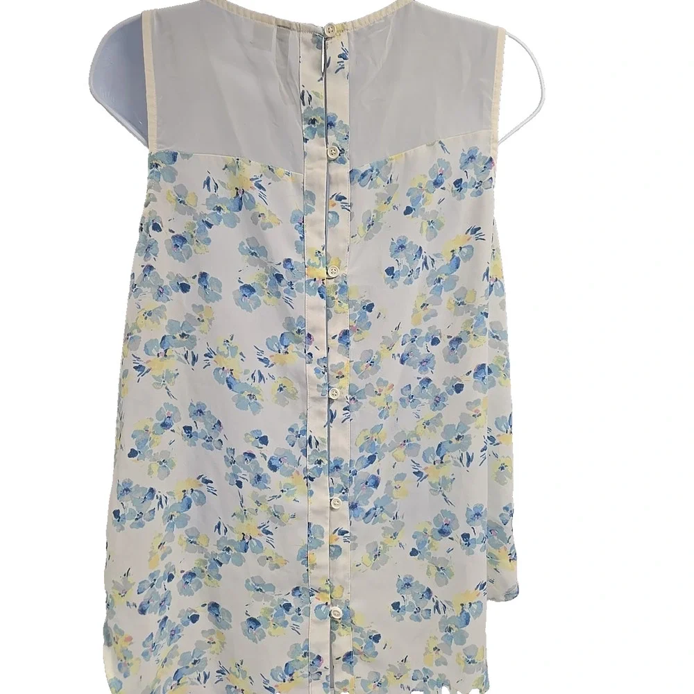 Lauren Conrad Womens Sleeveless Floral Blouse White Blue Yellow Boho Size S
